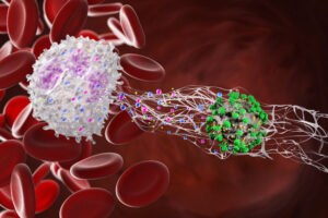 Leukocytes in the blood make NETosis, Neutrophil extracellular traps. The immune system. View under the microscope. 3d render.